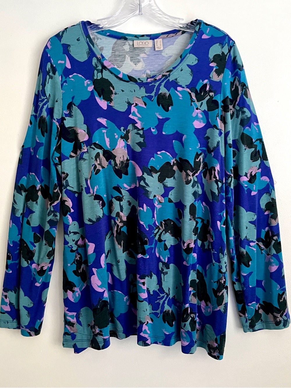 LOGO by Lori Goldstein Tunic L Blue Teal & Purple Abstract Print Long Sleeve